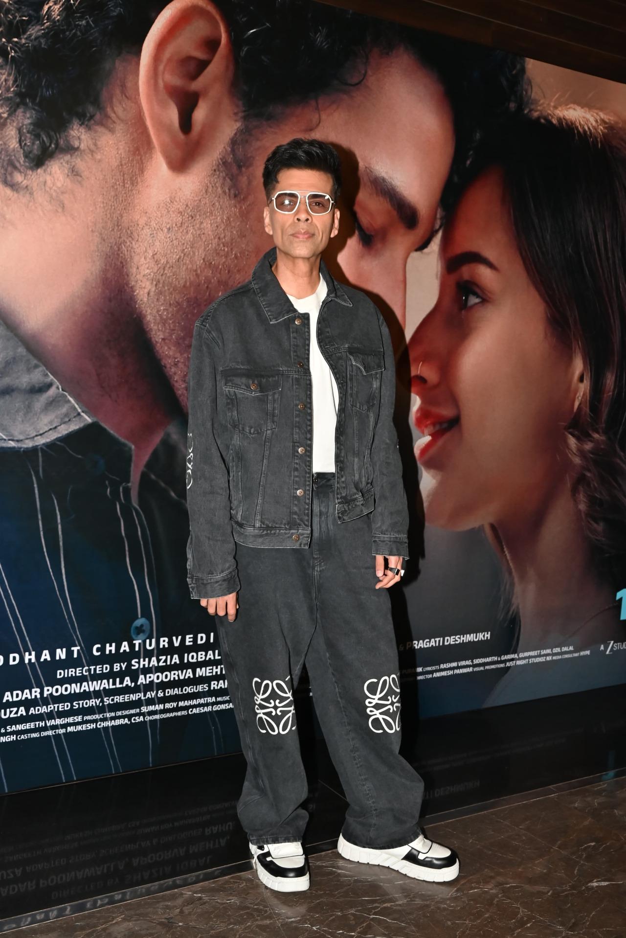 Karan Johar looked uber cool as he arrived for the trailer launch of Dhadak 2 in the city on Friday. He sported a white tee paired with a black denim jacket with matching funky oversized pants, paired with white framed glasses.